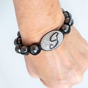 Joan Boyce beaded bracelet angel eye & faux diamonds letter S